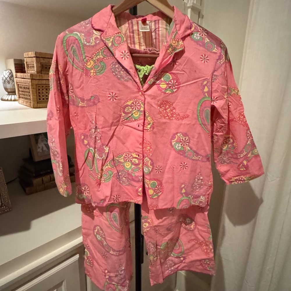 Natori Josie Pink and Green Paisley Striped Pajama Set S Small